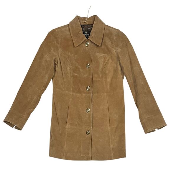 Tan Dennis Basso Suede Leather Turnkey Jacket With Pocket & Toggle Buttons - Picture 1 of 8